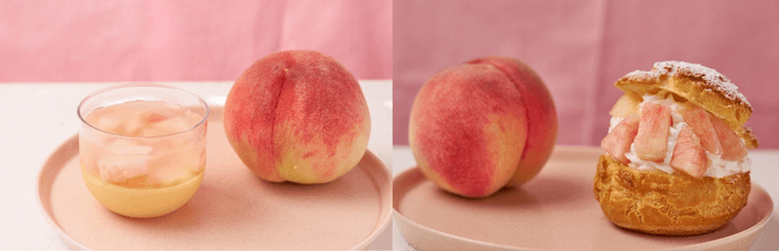 (左から)おやつプリン もも味／TAMAGOYA桃のシュークリーム