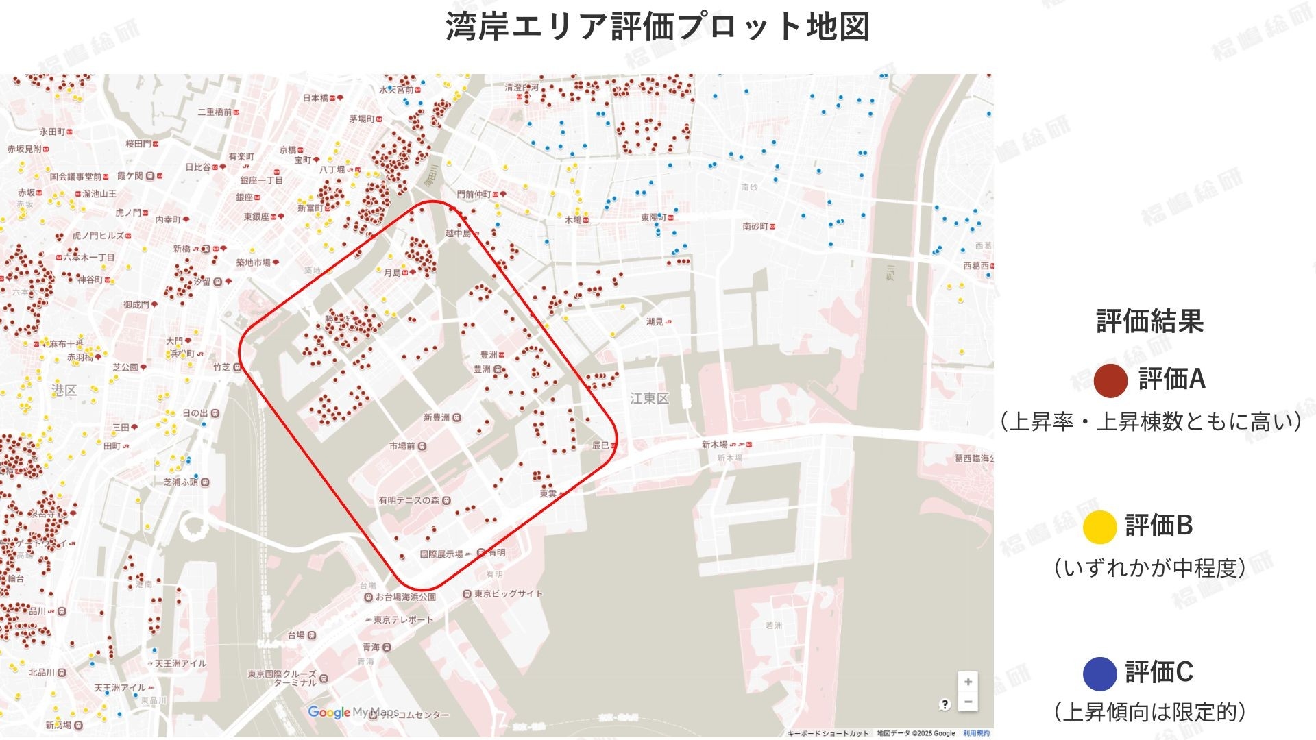 図3:湾岸エリア評価プロット地図 【出典:マンションリサーチ株式会社 福嶋総研】