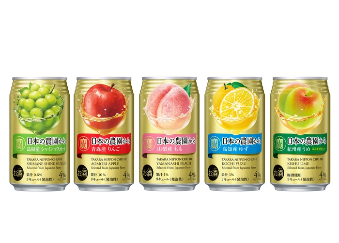 左から、新発売の<島根産シャインマスカット><青森産りんご> <山梨産もも><高知産ゆず><紀州産うめ>