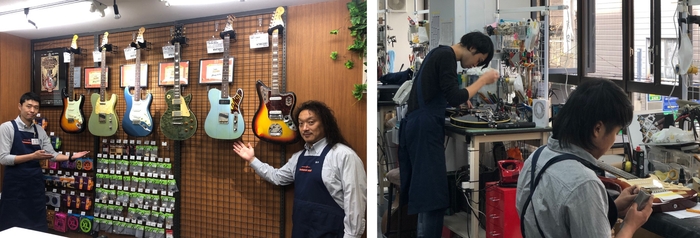 (左)ショールーム 兼 販売フロア、(右)ギターリペアの様子