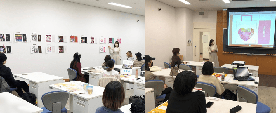 ゼミ課題の合評会(左)、企業担当者へのプレゼンテーション(右)