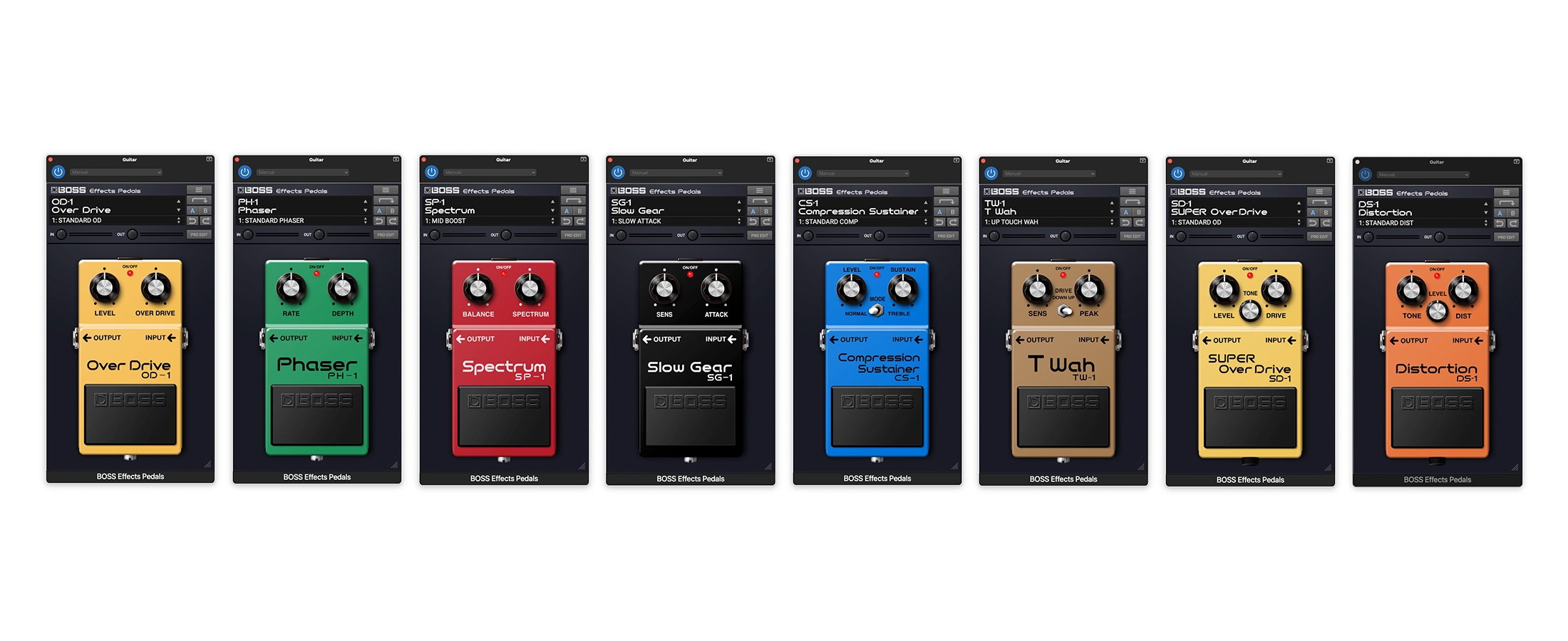 『BOSS Effects Pedals』 各モデルの画面イメージ 左から「OD-1」、「PH-1」、「SP-1」、「SG-1」、「CS-1」、「TW-1」、「SD-1」、「DS-1」