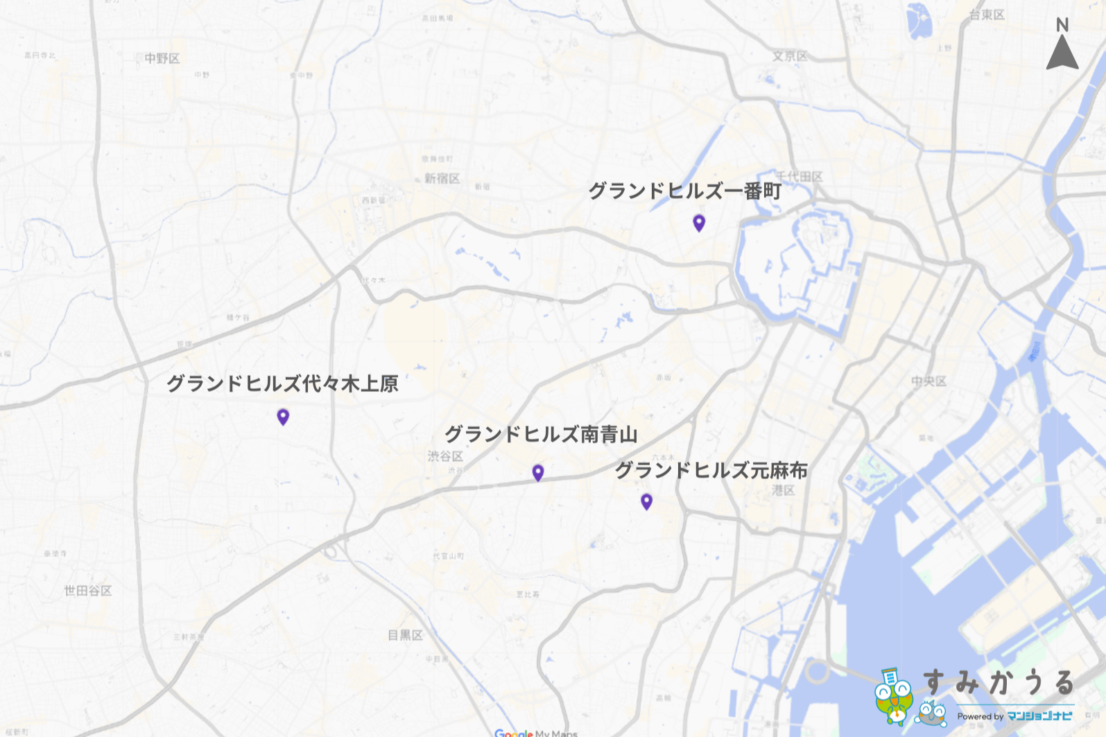 画像4:東京都心部におけるグランドヒルズを示した地図(マンションナビ)