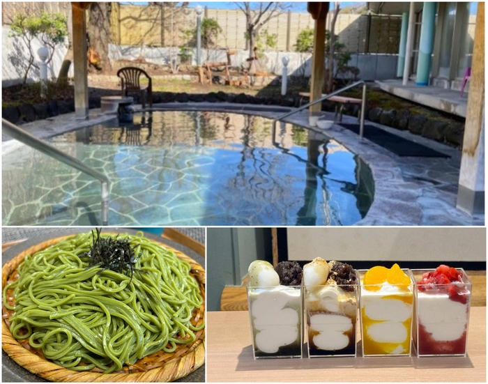 上:南部町特産の南部茶風呂/左下:2倍茶そば/右下:湯上がりソフト