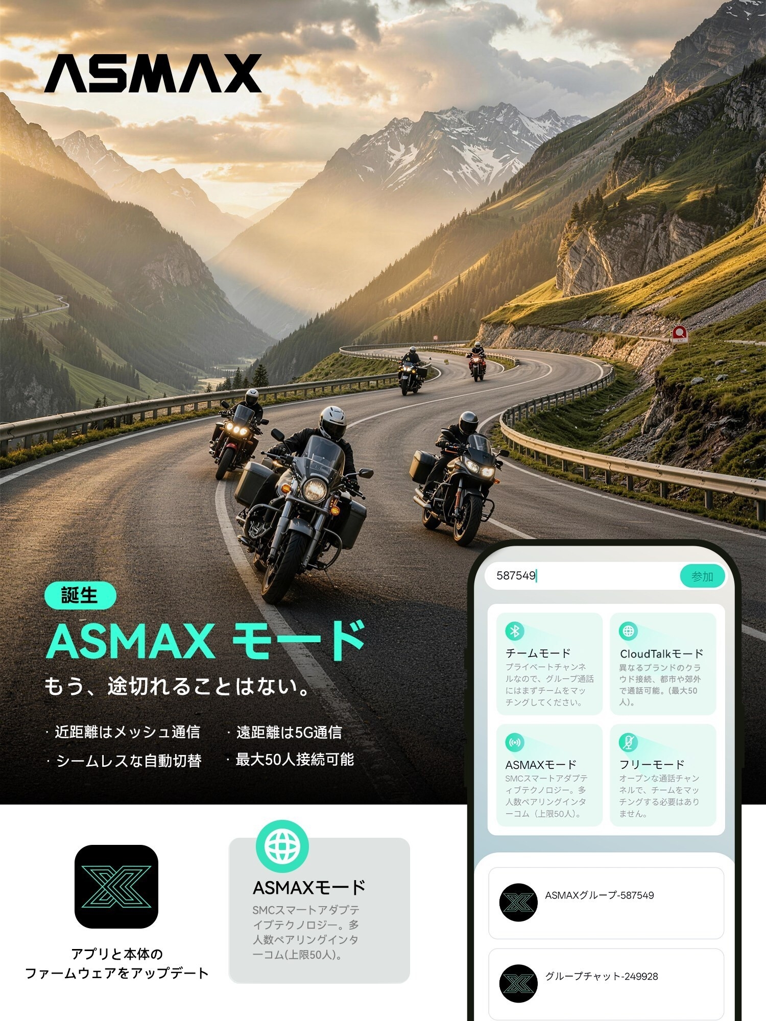 “50人でも切れない”バイク向け次世代インカム「ASMAX Mode」世界発表　4G/5G自動切替で長距離でも途切れない通信