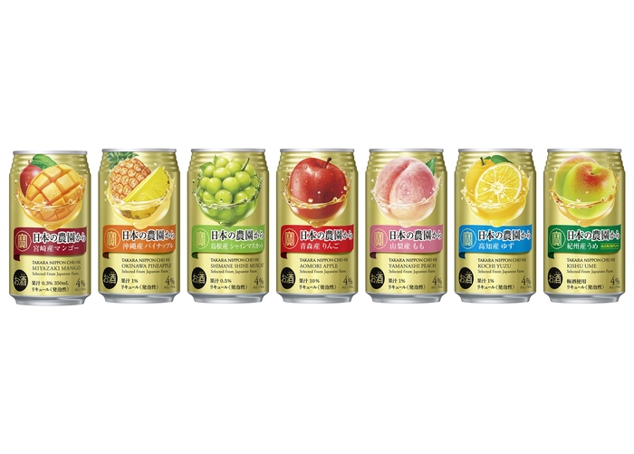 左から、新発売の<宮崎産マンゴー><沖縄産パイナップル><島根産シャインマスカット><青森産りんご><山梨産もも><高知産ゆず><紀州産うめ>