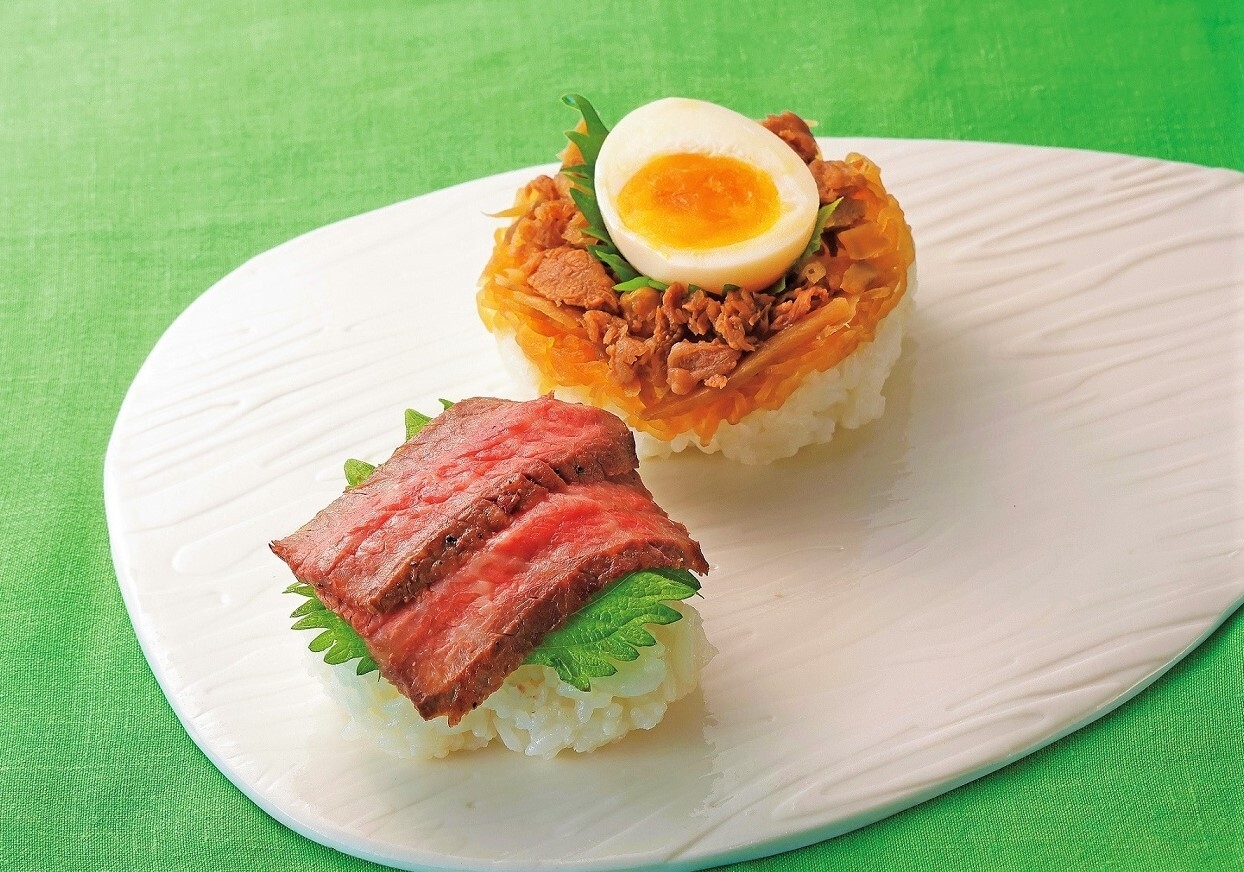 米沢 琥珀堂「米沢牛と山形県産はえぬき 新米のごちそうおむすび」 (右上)米沢牛すき焼き (左下)米沢牛ステーキ