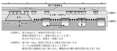 図１　藤原宮跡内で検出されるミゾミゾ模式図（道上祥武2023「「藤原宮」後」『文化財論叢Ⅴ』奈文研）