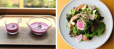 近大野菜のビーツを使用した冷製ビシソワーズ（左）、近大野菜のビーツと生ハムのレモンサラダ（右）