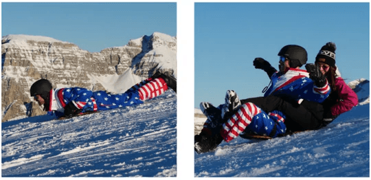 恐怖心を忘れて頭から滑ったり、カップルとイチャイチャしたり(スライディングスーツ『Snowfeet ASSLED(スノーフィート アスレッド)』)