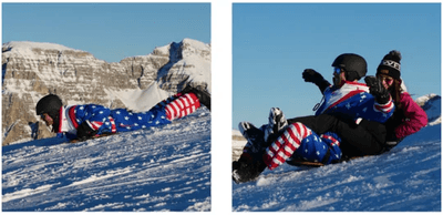 恐怖心を忘れて頭から滑ったり、カップルとイチャイチャしたり（スライディングスーツ『Snowfeet ASSLED(スノーフィート アスレッド)』）