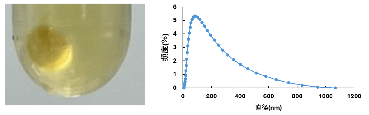 (図1)超遠心精製法により得られた物質(ナノベシクル)の写真と粒子径