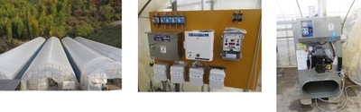 （左）ICTを導入した4棟のいちごハウス　（中央）ICT（機器本体）　（右）エンネツ加湿器