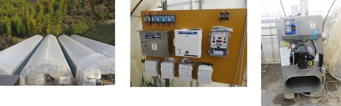(左)ICTを導入した4棟のいちごハウス (中央)ICT(機器本体) (右)エンネツ加湿器