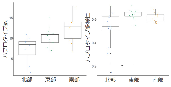 図3.琵琶湖の北部、東部、南部において検出されたハプロタイプの数(左)とハプロタイプ多様性(右)。北部のホンモロコ集団は、東部、南部に比べて遺伝的多様性が低い傾向が認められた。