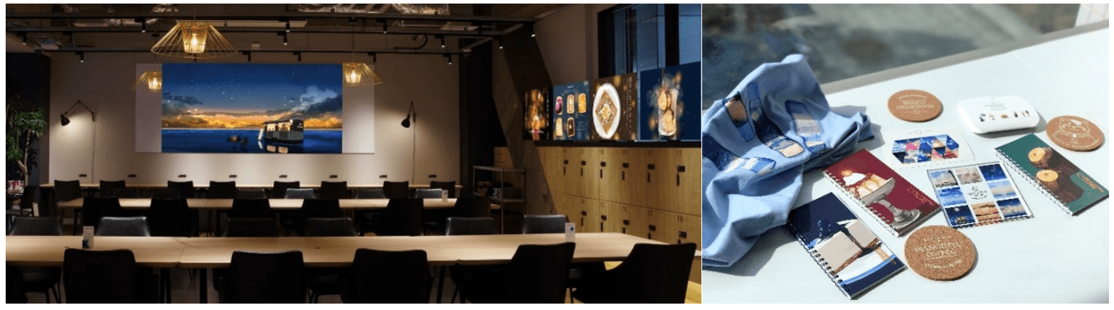 写真左:展示メインスペース/写真右:ノートやコースターなどグッズ例