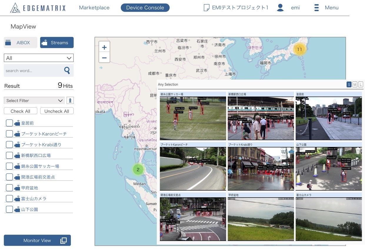 【図】Map ViewとEdge View:地図と多数映像をエッジAI処理しリアルタイムにブラウザ表示