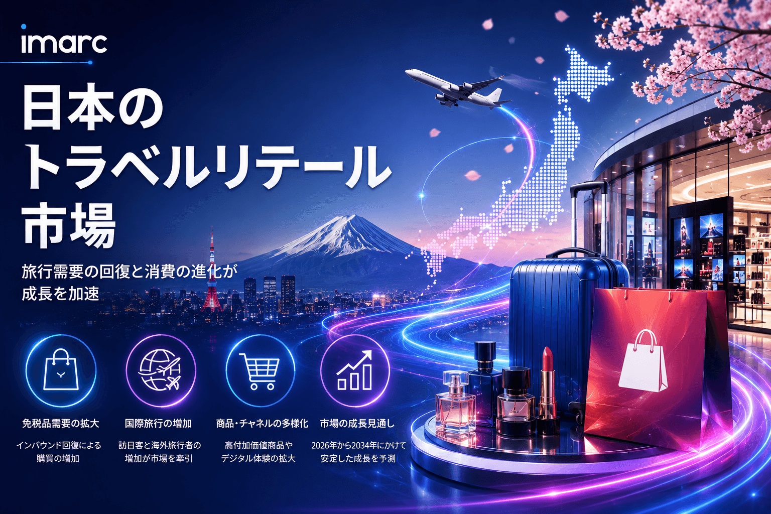 日本トラベルリテール市場は5.70%のCAGRで成長し、2034年までに328億米ドルに達すると予測されています