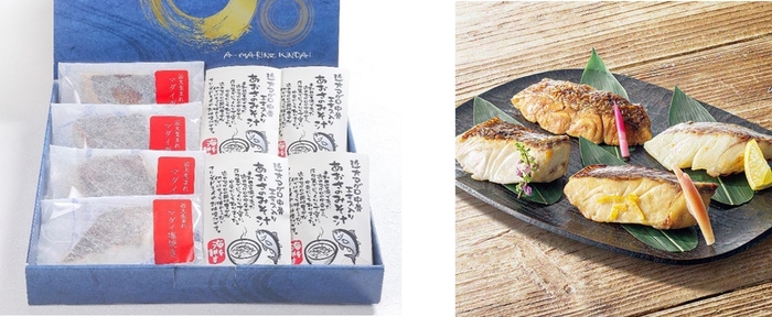 近大生まれマダイ焼味と近大マグロ中骨エキス入り あおさのみそ汁詰合せ(左) 近大生まれマダイ焼味4種食べくらべセット(右)