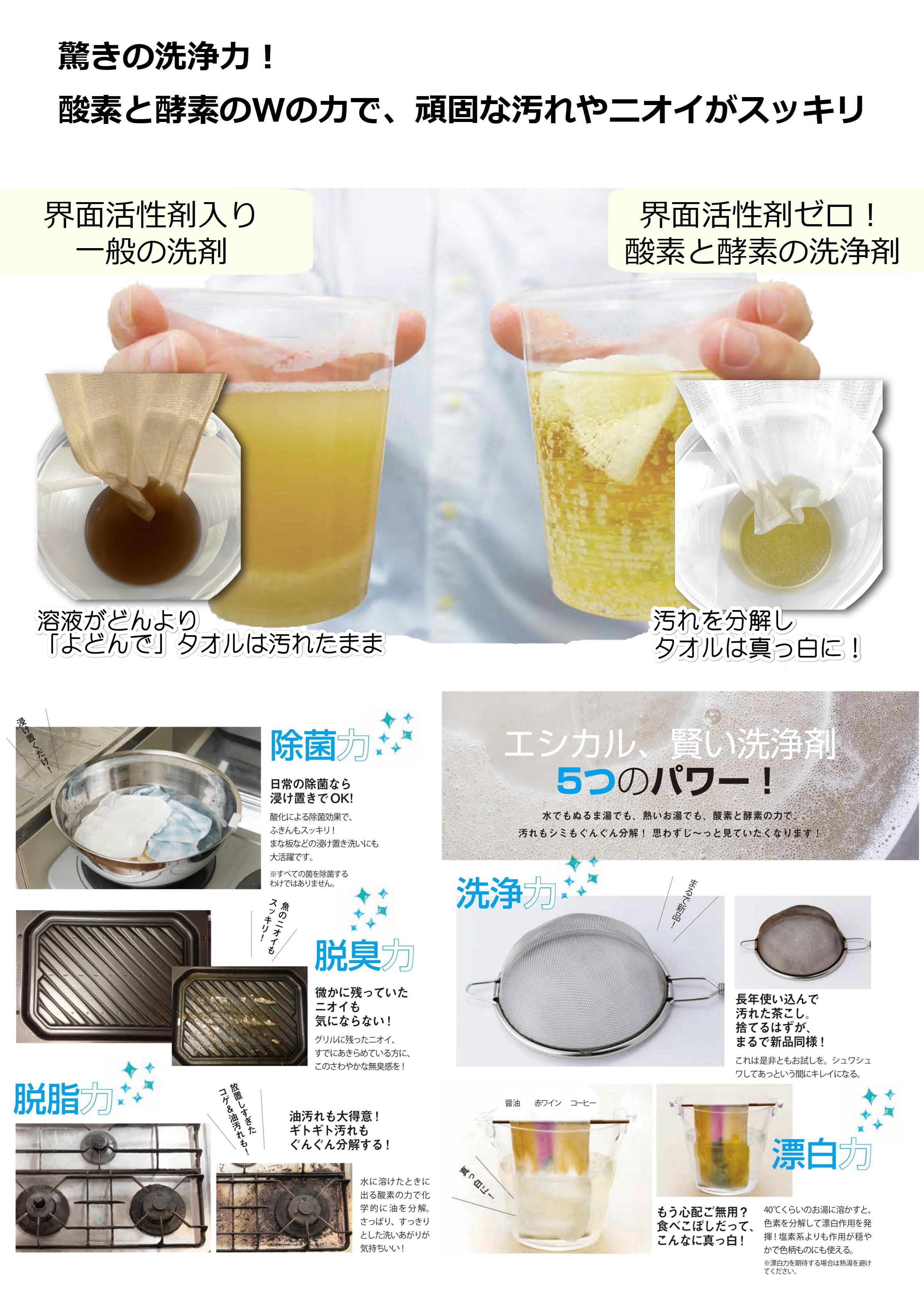 驚きの洗浄力!酸素と酵素のWの力で、頑固な汚れやニオイがすっきり