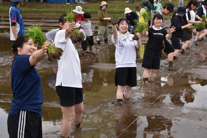 苗を手にする学生たち