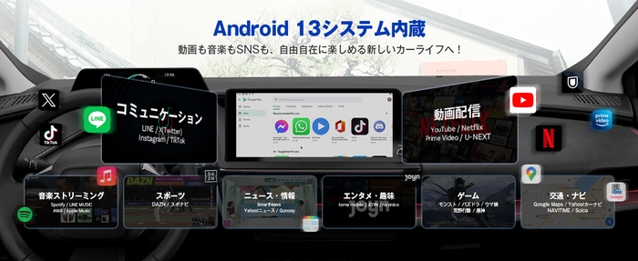 Android13システム搭載、多彩なコンテンツを搭載でお愛車に一新する。