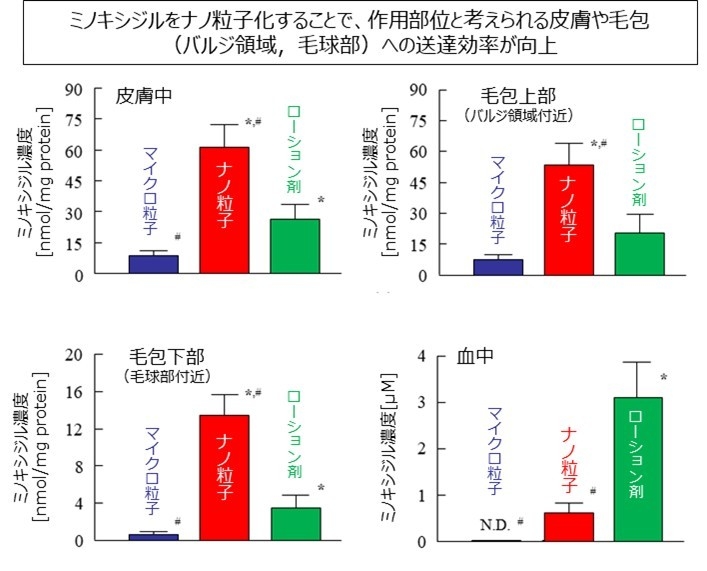 図2 組織内または血中におけるミノキシジル濃度の評価 N=6-7、*p < 0.05 vs マイクロ粒子、#p < 0.05 vs ローション剤 出展:Biol. Pharm. Bull., 47(12), 2024.(一部改変)