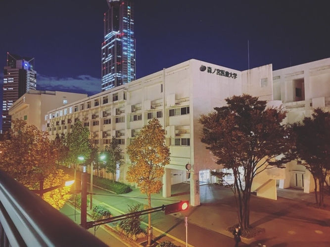 最寄り駅コスモスクエア駅から本学を繋ぐ歩道橋の上から撮影された写真です。 信号や街灯に照らされる夜のキャンパスが幻想的です。(@shashintoritainaさん)
