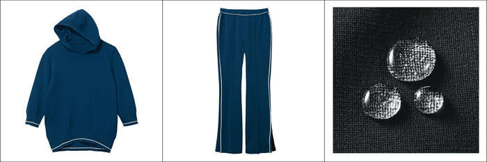 写真＜左＞パーカー ネイビー　＜中央＞パンツ ネイビー　＜右＞はっ水機能の糸を使用