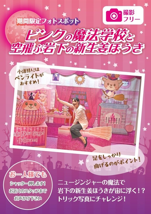 フォトスポット「ピンクの魔法学校と空飛ぶ岩下の新生姜ほうき」