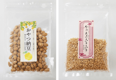 新商品のおやつ納豆（左）となっとうふりふり（右）