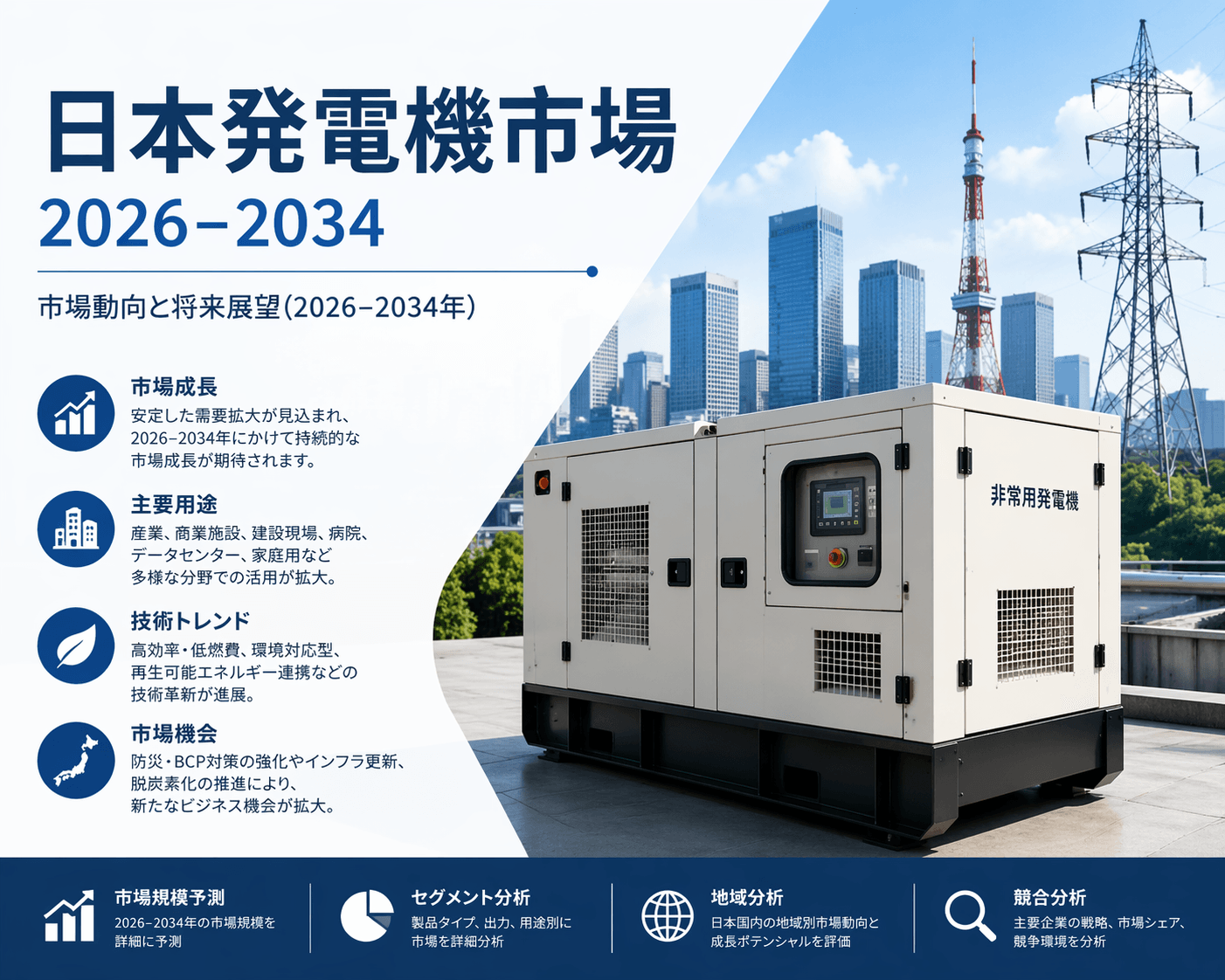 日本の発電機市場規模、2034年までに26億米ドルに到達――2026年～2034年の年平均成長率は6.29%
