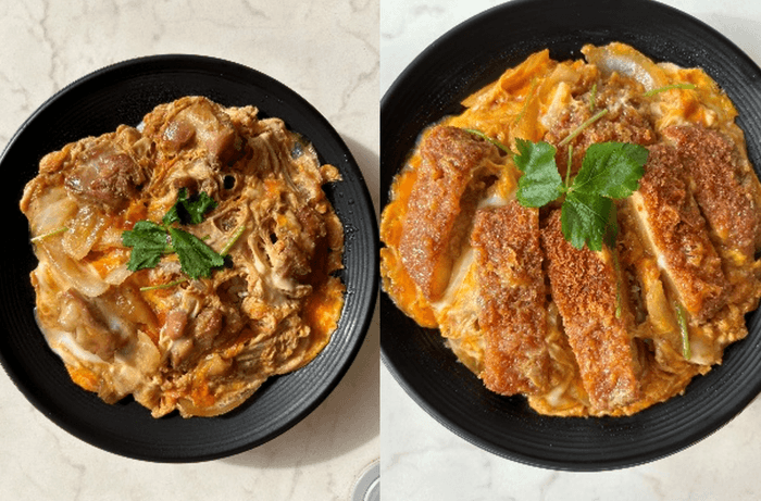 (左)天てり卵の親子丼/(右)天てり卵のかつ丼