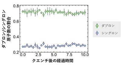 図4：図3と同じ条件下での、ダブロンとシングロンの原子数の割合のダイナミクス。横軸は図3と同様。
