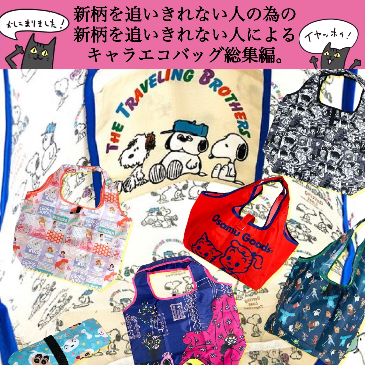 改めて、エコっちゃう!?新商品が追いきれないキャラエコバッグを買いたい方のための新柄おすすめ柄総集編。コンパクトになるエコバッグ♪スヌーピー、ムーミン、ハラダオサム、クレヨンしんちゃん、デザインプリンセス、、and more!