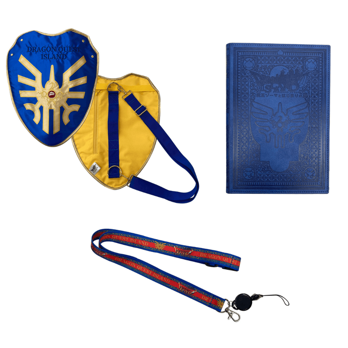 ▲プレミアムチケット付属グッズ Aパターン 「ロトの盾バックパック」、「冒険の書カバー」、「オリジナルネックストラップ」