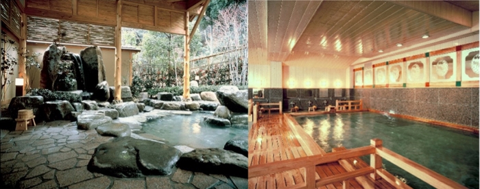 兵庫県城崎温泉の深山楽亭 露天風呂 「青龍の湯」(左)、総檜造り風呂「朱雀の湯」(右)