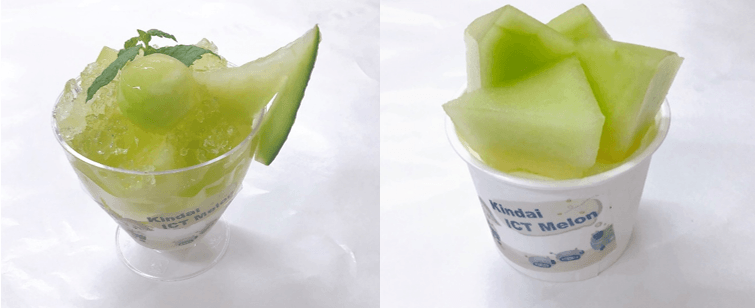 近大ICTメロンを使用した、「メロンのジュレ」(左)と「メロンのシャーベット」(右)