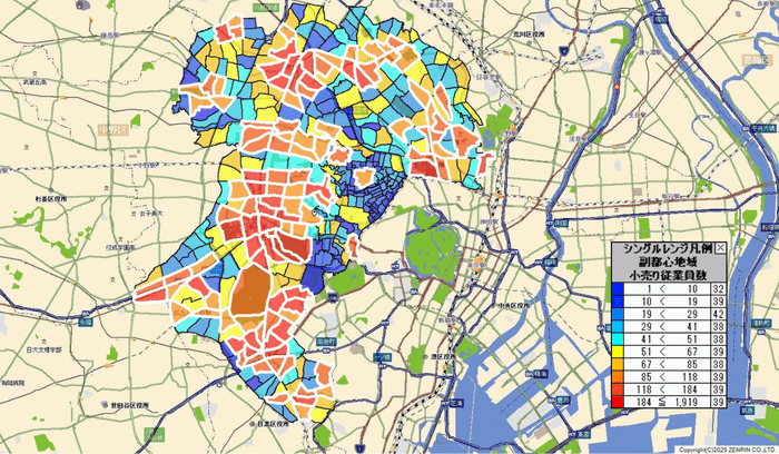 副都心地域の小売事業所の従業員数を可視化した図