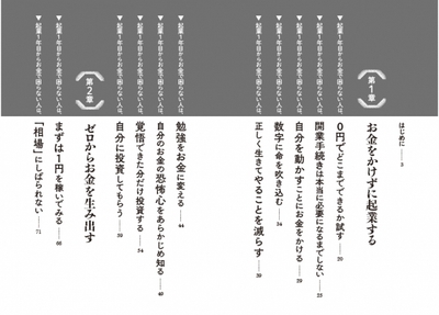 「起業一年目からお金で困らない人は」ではじまる目次。気になった項目から読み始めてください。