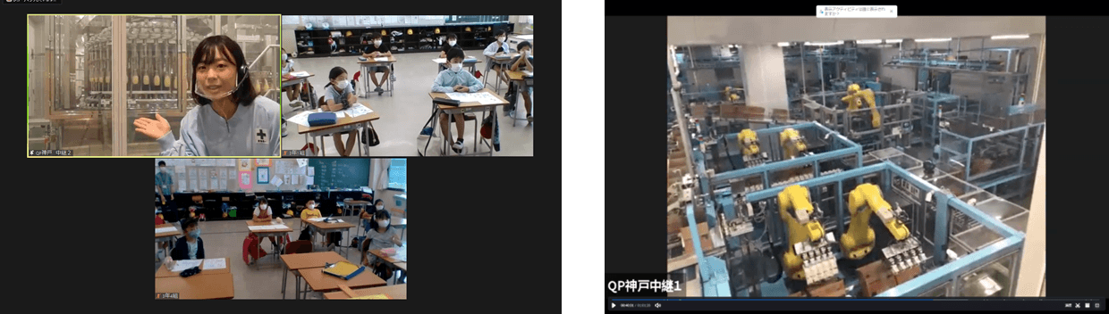 左:マヨネーズ充填の様子を紹介 / 右:箱詰めロボット