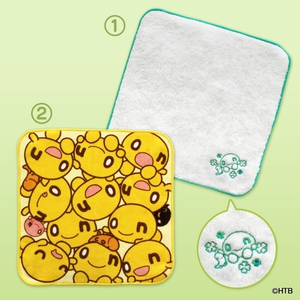 ① onちゃんソフトハンドタオル（四国今治製） ② onちゃんエンジョイハンドタオル (C)HTB