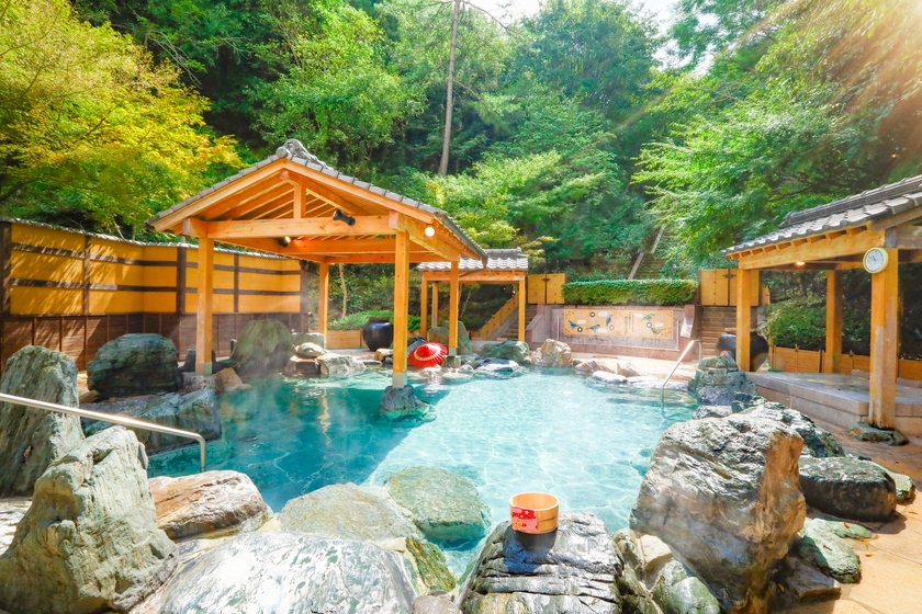 森に囲まれ、マイナスイオンをたっぷり感じる露天風呂。