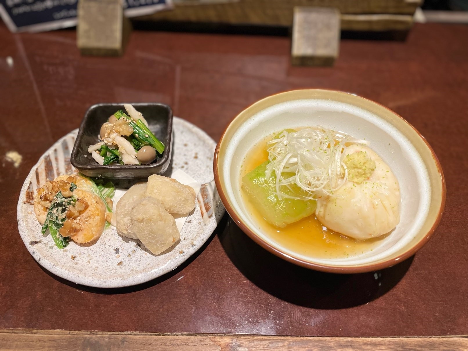 小鉢三種と冬瓜と海老真文の焚合わせ