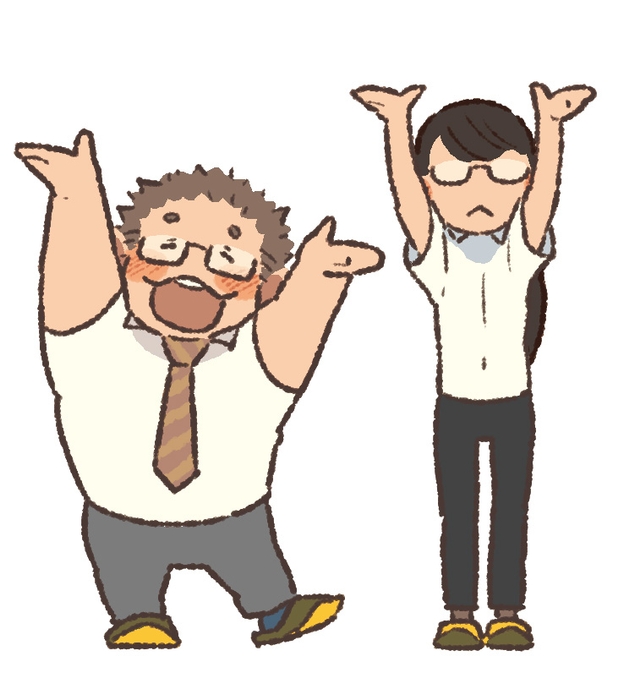 受賞にあたり、たなさんが描き下ろした「バンザイ」のイラスト 左:ひーさん、右:はーさん