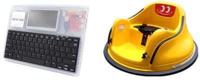 子ども向けパソコン「IchigoJam」を実装した端末（左）、子ども自動運転車教材「mottoy」（右）