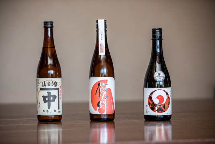 左から 中島屋酒造場さんの「カネナカ 生酛純米 山田錦」 はつもみぢさんの「原田 純米吟醸 山田錦」 山縣本店さんの「防長鶴 純米酒 山田錦」