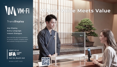 「声」と「価値」の融合：VMFiのTransDisplayは、AIを活用したリアルタイム翻訳機能により、対面でのサービスを円滑に提供できます。是非、IFA 2026（ホール25、ブース243）のVMFiブースへお越しいただき、この技術を実体験してください。