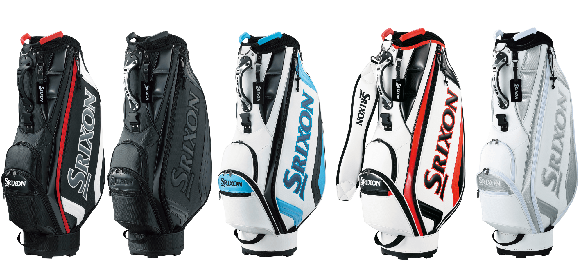 スリクソンキャディバッグ「軽量スタンダードモデル」 GGC-S166 (写真左から、ブラック/ホワイト(新色)、 ブラック(新色)、 ホワイト/ブルー(新色)、ホワイト、 ホワイト/シルバー)