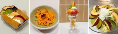 国産米粉のふわもちシフォンサンド～プルーン＆プラム～ 単品750円　セット1,100円 （みのりカフェ 銀座三越）/長野県産プルーン入り人参のラペ ※定食小鉢での提供＆長野県産プラムのパフェ1,690円 （みのる食堂 銀座三越）/季節のフルーツサラダ ～プルーン・プラム添え～ 979円 （和牛焼肉 信州そだち）